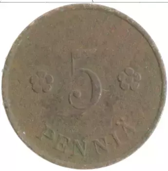 Монета 5 пенни Финляндии 1922 года Медь