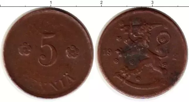 Монета 5 пенни Финляндии 1923 года Бронза
