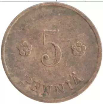Монета 5 пенни Финляндии 1928 года Медь