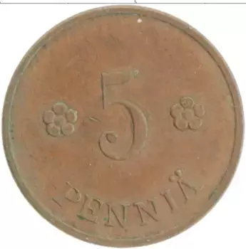 Монета 5 пенни Финляндии 1928 года Медь