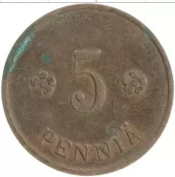 Монета 5 пенни Финляндии 1932 года Медь