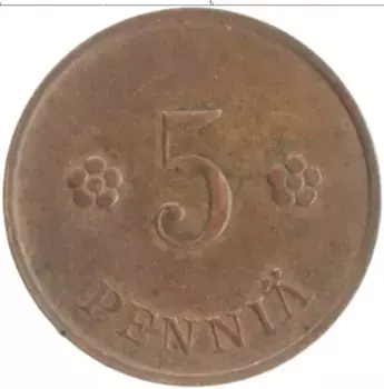 Монета 5 пенни Финляндии 1934 года Медь