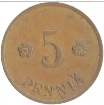 Монета 5 пенни Финляндии 1936 года Медь