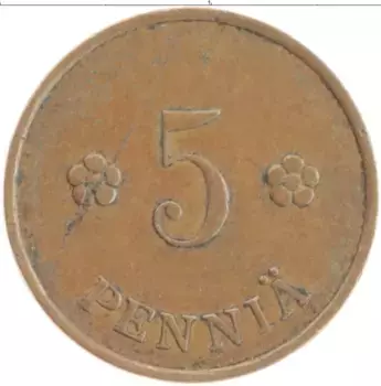 Монета 5 пенни Финляндии 1936 года Медь