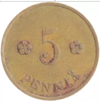 Монета 5 пенни Финляндии 1936 года Медь