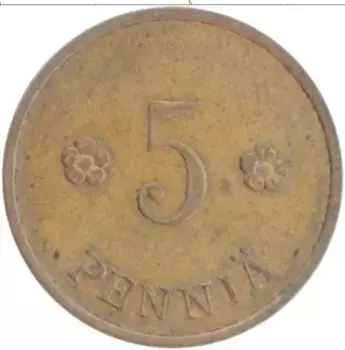 Монета 5 пенни Финляндии 1937 года Медь