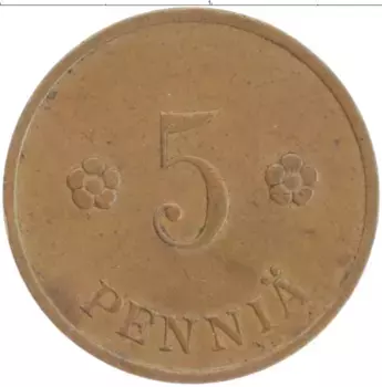 Монета 5 пенни Финляндии 1937 года Медь