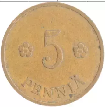 Монета 5 пенни Финляндии 1937 года Медь