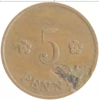 Монета 5 пенни Финляндии 1937 года Медь