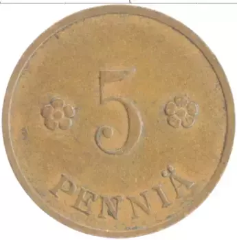 Монета 5 пенни Финляндии 1937 года Медь