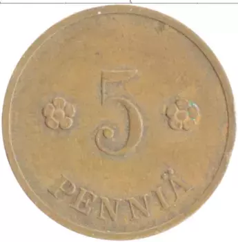 Монета 5 пенни Финляндии 1937 года Медь