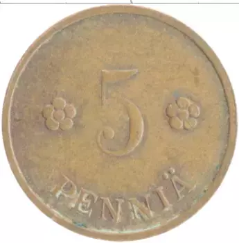 Монета 5 пенни Финляндии 1937 года Медь