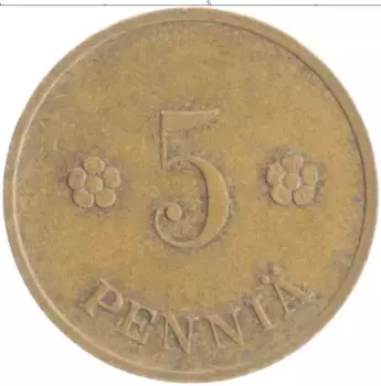 Монета 5 пенни Финляндии 1937 года Медь
