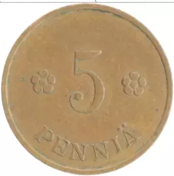 Монета 5 пенни Финляндии 1937 года Медь