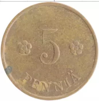 Монета 5 пенни Финляндии 1937 года Медь