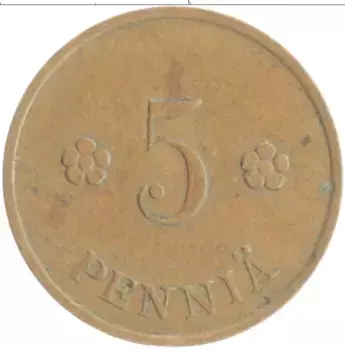 Монета 5 пенни Финляндии 1937 года Медь