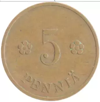 Монета 5 пенни Финляндии 1937 года Медь