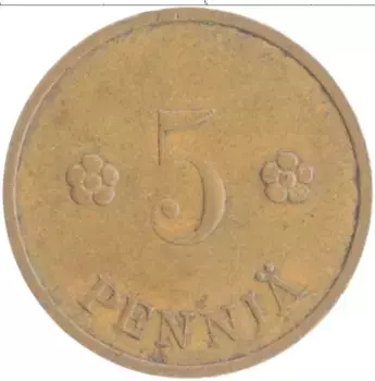 Монета 5 пенни Финляндии 1937 года Медь