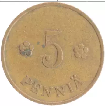 Монета 5 пенни Финляндии 1937 года Медь