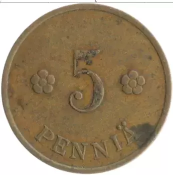 Монета 5 пенни Финляндии 1937 года Медь