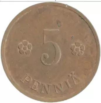Монета 5 пенни Финляндии 1938 года Медь