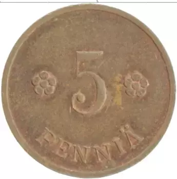 Монета 5 пенни Финляндии 1938 года Медь