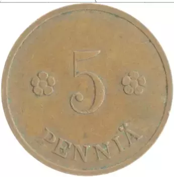 Монета 5 пенни Финляндии 1938 года Медь