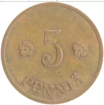Монета 5 пенни Финляндии 1938 года Медь