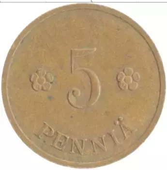 Монета 5 пенни Финляндии 1938 года Медь