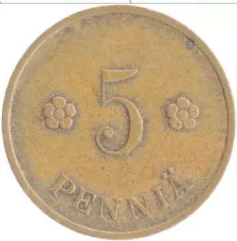Монета 5 пенни Финляндии 1938 года Медь