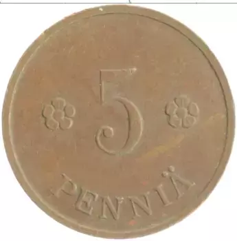 Монета 5 пенни Финляндии 1938 года Медь