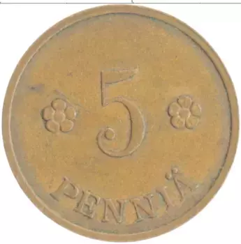 Монета 5 пенни Финляндии 1938 года Медь