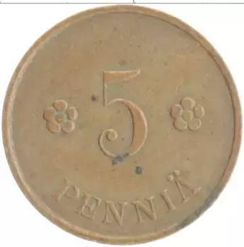 Монета 5 пенни Финляндии 1938 года Медь