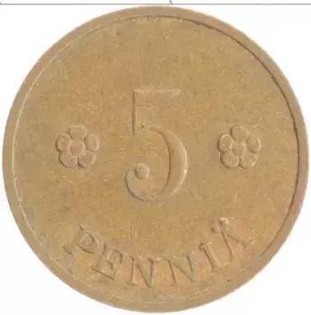 Монета 5 пенни Финляндии 1938 года Медь