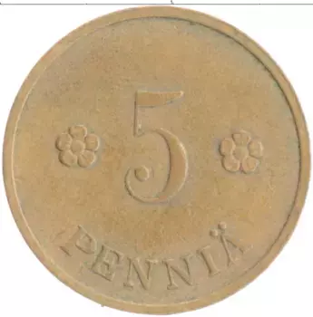 Монета 5 пенни Финляндии 1938 года Медь