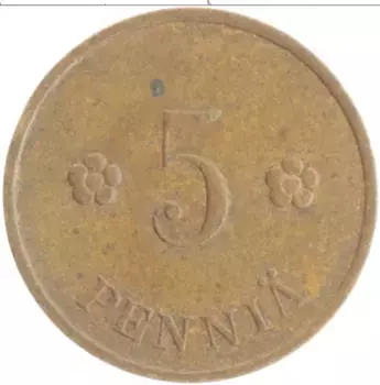 Монета 5 пенни Финляндии 1938 года Медь