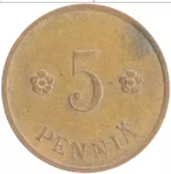 Монета 5 пенни Финляндии 1938 года Медь