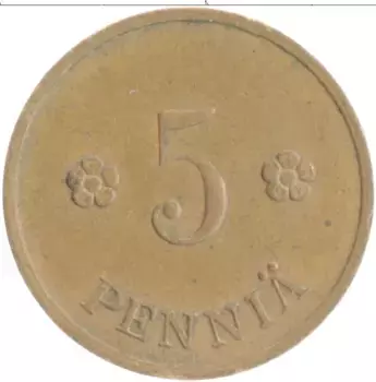 Монета 5 пенни Финляндии 1938 года Медь