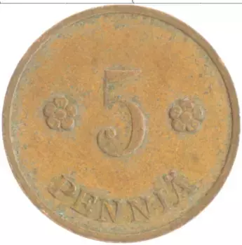 Монета 5 пенни Финляндии 1938 года Медь