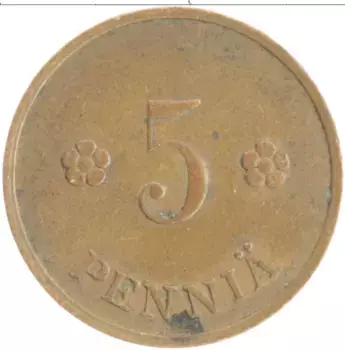 Монета 5 пенни Финляндии 1938 года Медь