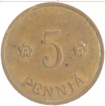 Монета 5 пенни Финляндии 1938 года Медь