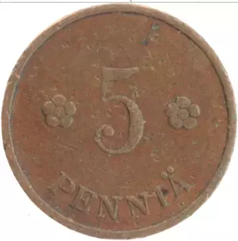 Монета 5 пенни Финляндии 1939 года Медь Герб
