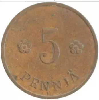 Монета 5 пенни Финляндии 1939 года Медь