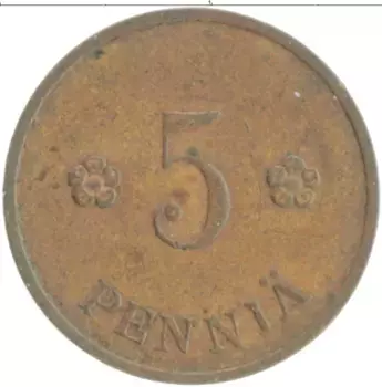 Монета 5 пенни Финляндии 1939 года Медь