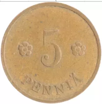 Монета 5 пенни Финляндии 1939 года Медь