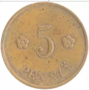 Монета 5 пенни Финляндии 1939 года Медь