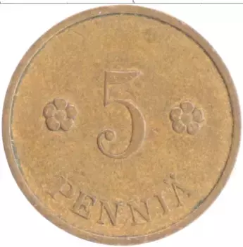 Монета 5 пенни Финляндии 1939 года Медь