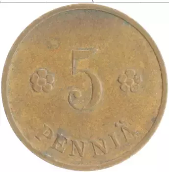 Монета 5 пенни Финляндии 1939 года Медь