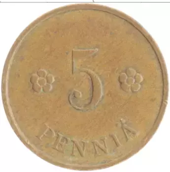 Монета 5 пенни Финляндии 1939 года Медь