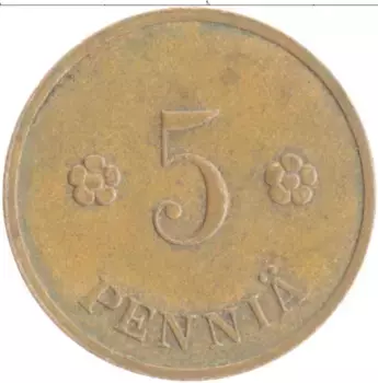 Монета 5 пенни Финляндии 1939 года Медь